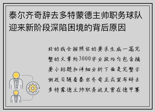 泰尔齐奇辞去多特蒙德主帅职务球队迎来新阶段深陷困境的背后原因